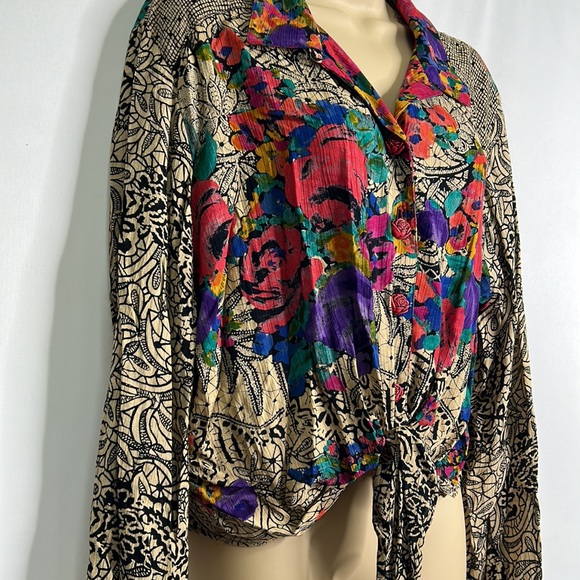 Carole Little petites floral art boho tie front button down long sleeve blouse - Picture 2 of 7